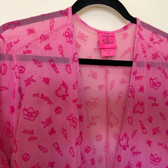 Betsy Jonson Torrid Collab Pink Mesh Long Sleeve Tie Front Print Kimono Size 2 - Picture 8 of 12